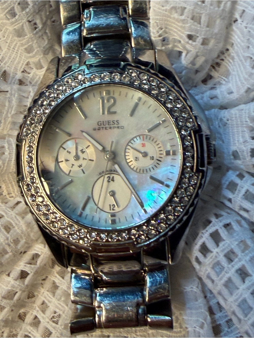 GUESS Silver Crystal-Trim Mother-of-Pearl Dial Watch